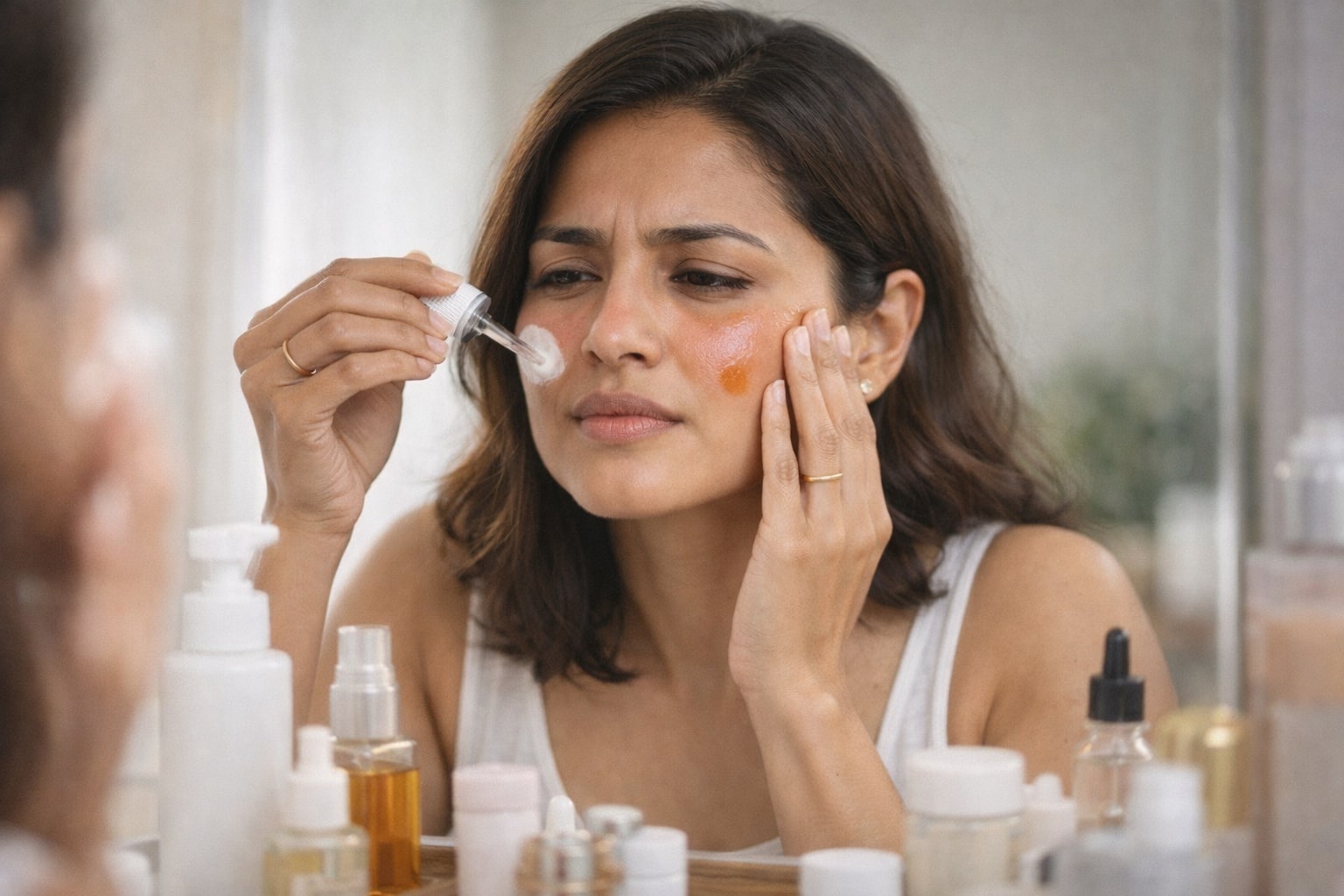Woman applying too many skincare products causing irritation